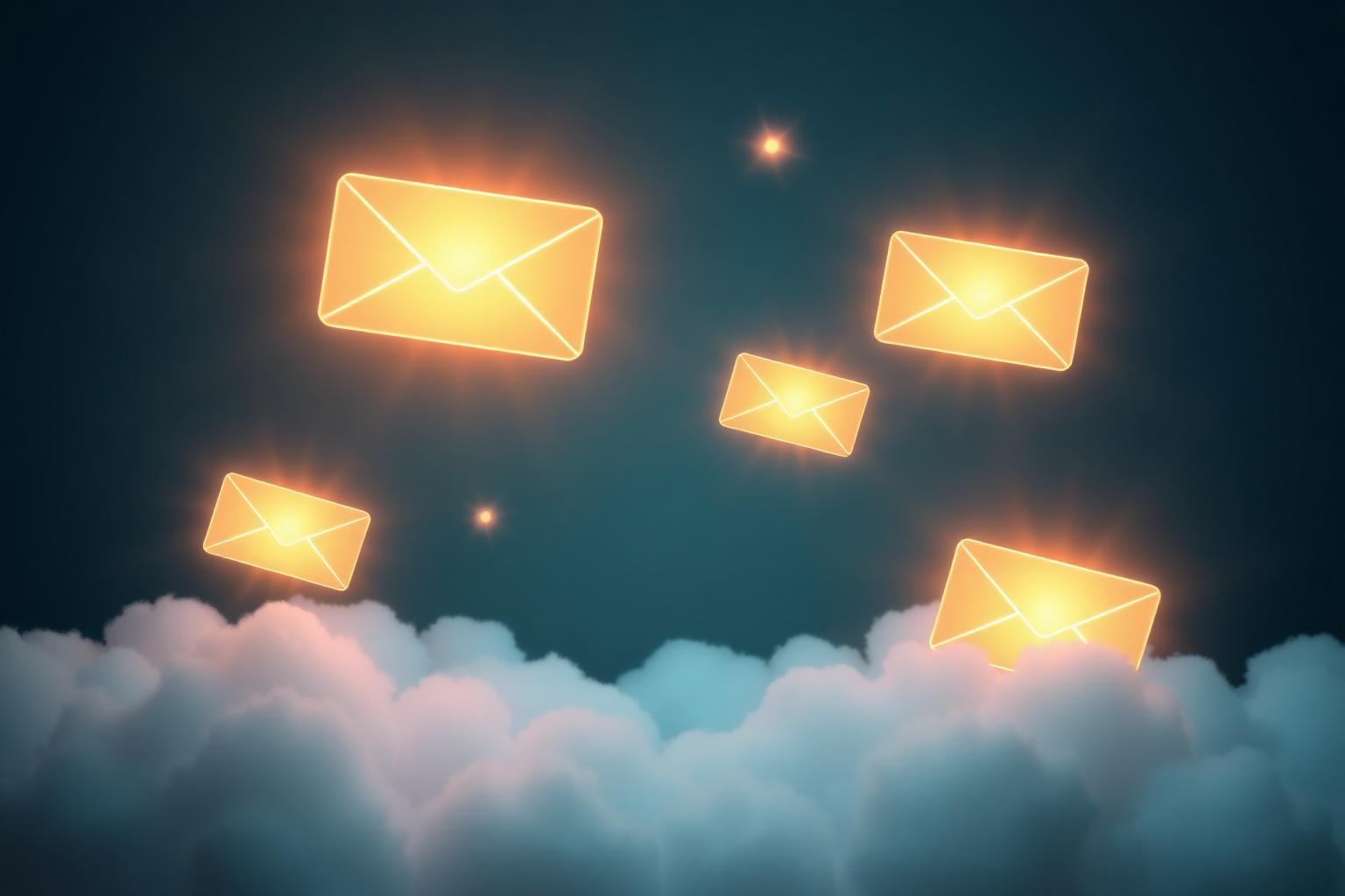 Glowing envelopes flying through clouds
